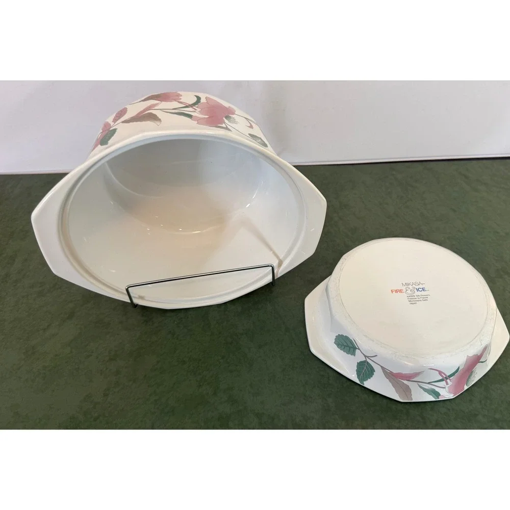 Mikasa Fire & Ice Silk Flowers AA009 Casserole Dish Set 2pc Pink Floral Japan